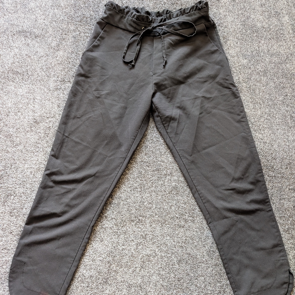 High-Rise Black Paperbag Waist Trousers with Drawstring